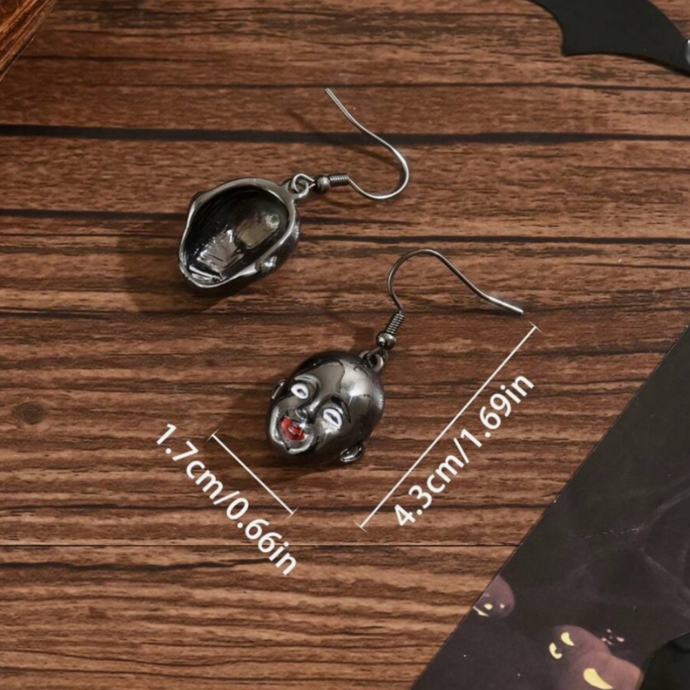 Gunmetal Doll Face Drop Earrings - Picture 6 of 7